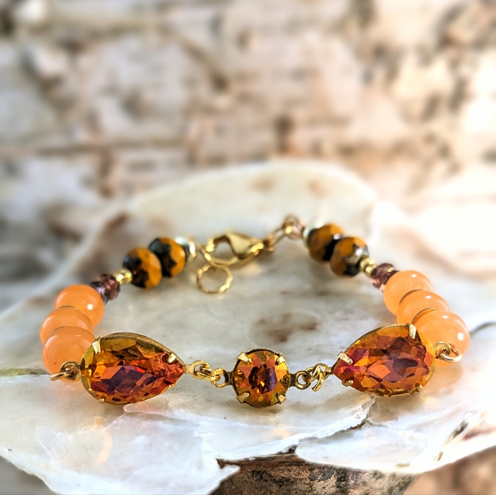 Orange Jade, Czech Glass Beads & Orange Crystal AB Bracelet
